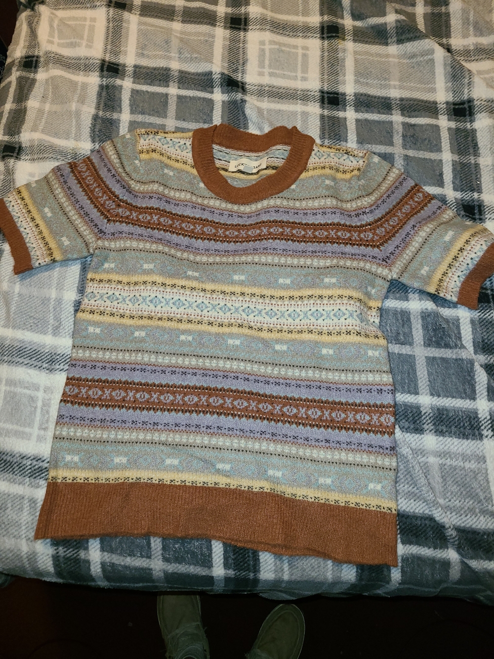 Lucky Brand Short-Sleeve Crewneck Sweater in Brown, Light Blue, Lavender